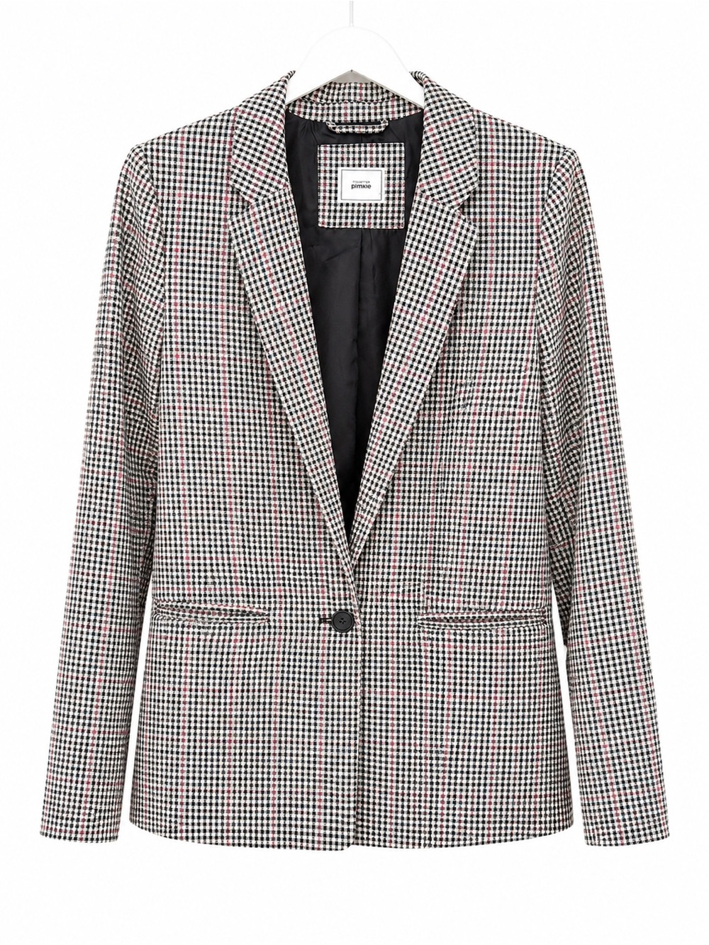 Checked Single-Button Blazer with Pink Accents - Women
